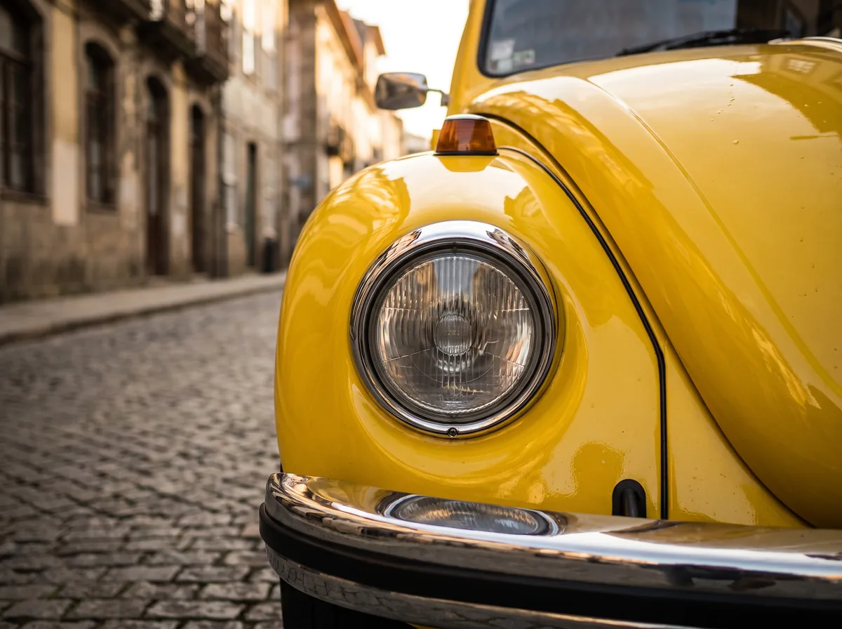 Close-up of the yellow Beetle's chrome headlight and glossy bodywork on a Porto cobblestone street