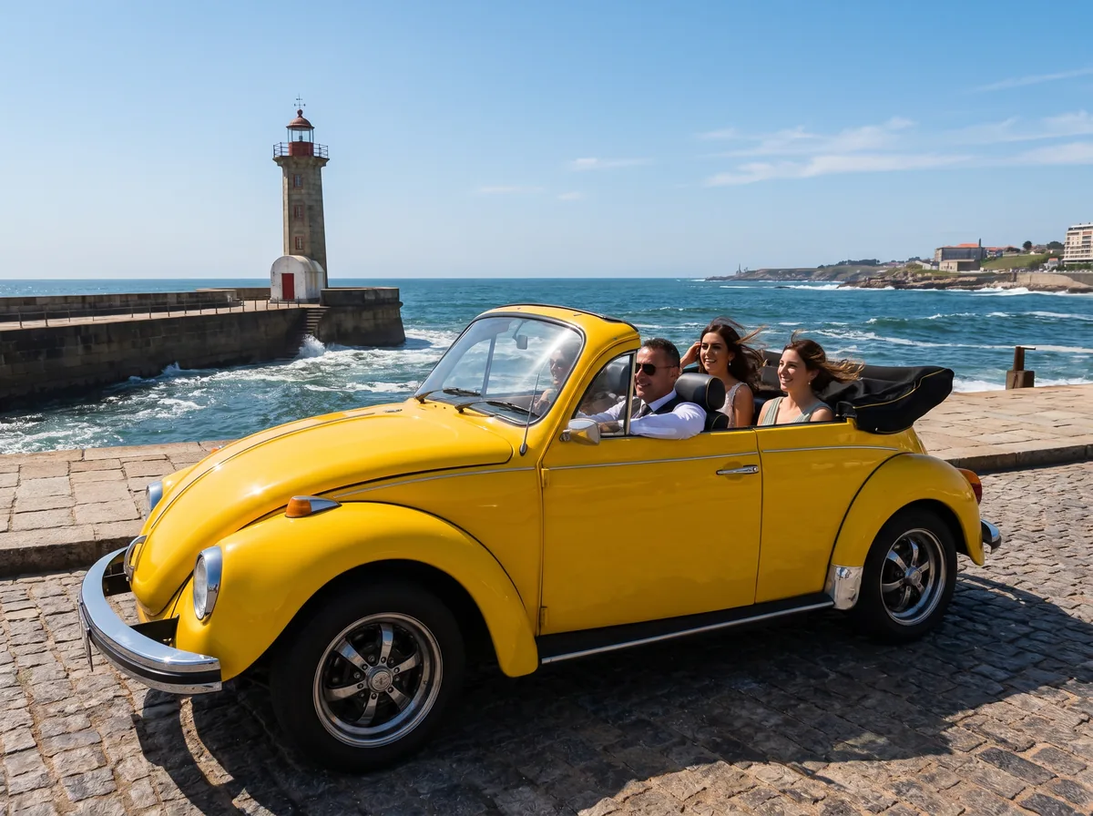 Yellow Beetle convertible with passengers driving along the Atlantic coast in Porto near the Felgueiras lighthouse