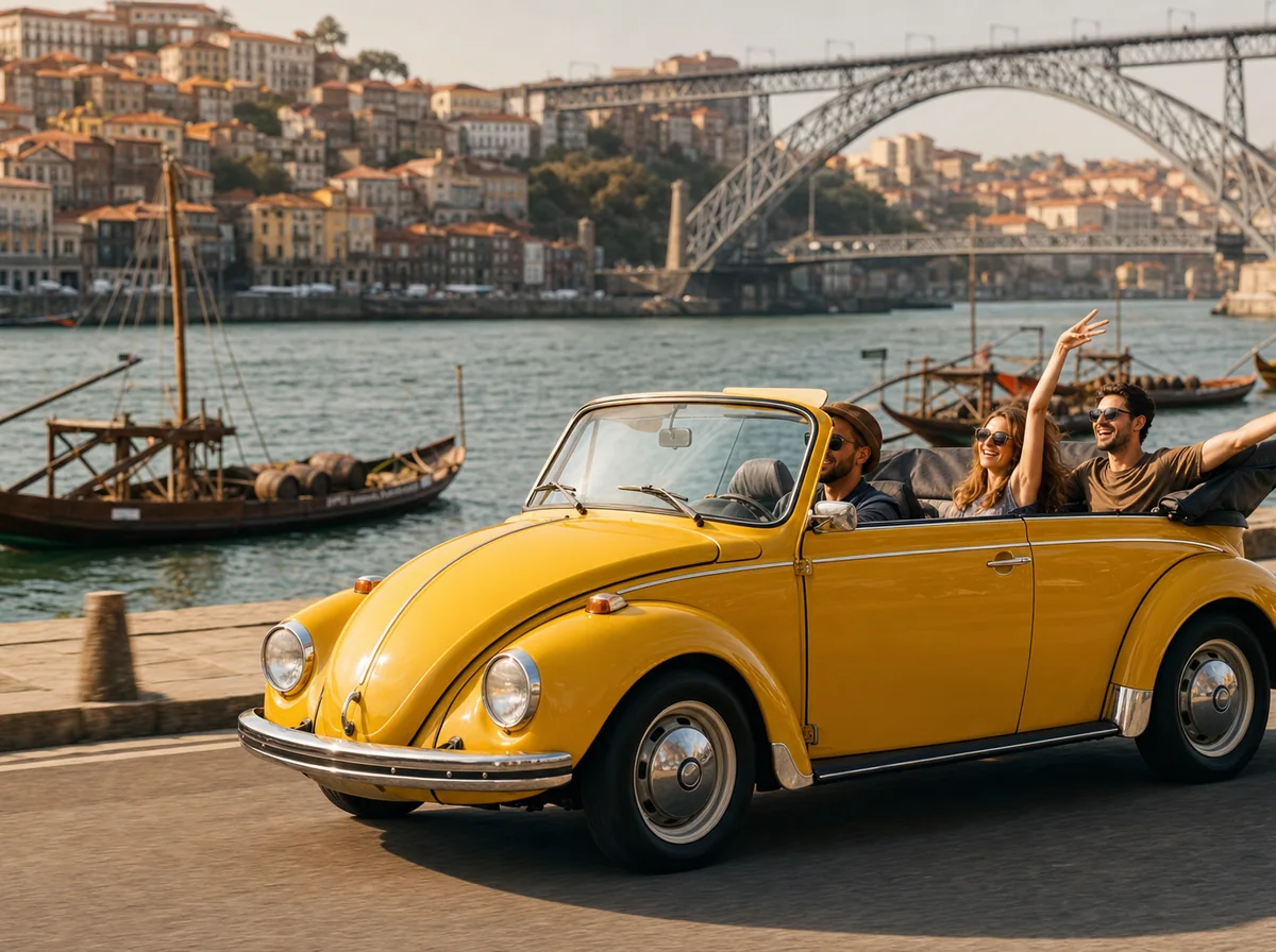 Yellow Beetle convertible with happy passengers driving along the Douro riverside in Porto with rabelo boats and the Dom Luís I bridge