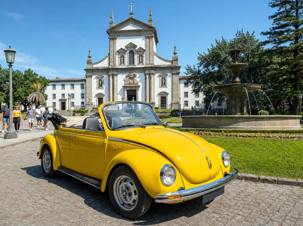 Yellow Beetle convertible parked in front of the fountain and church at Praça do Marquês in Porto