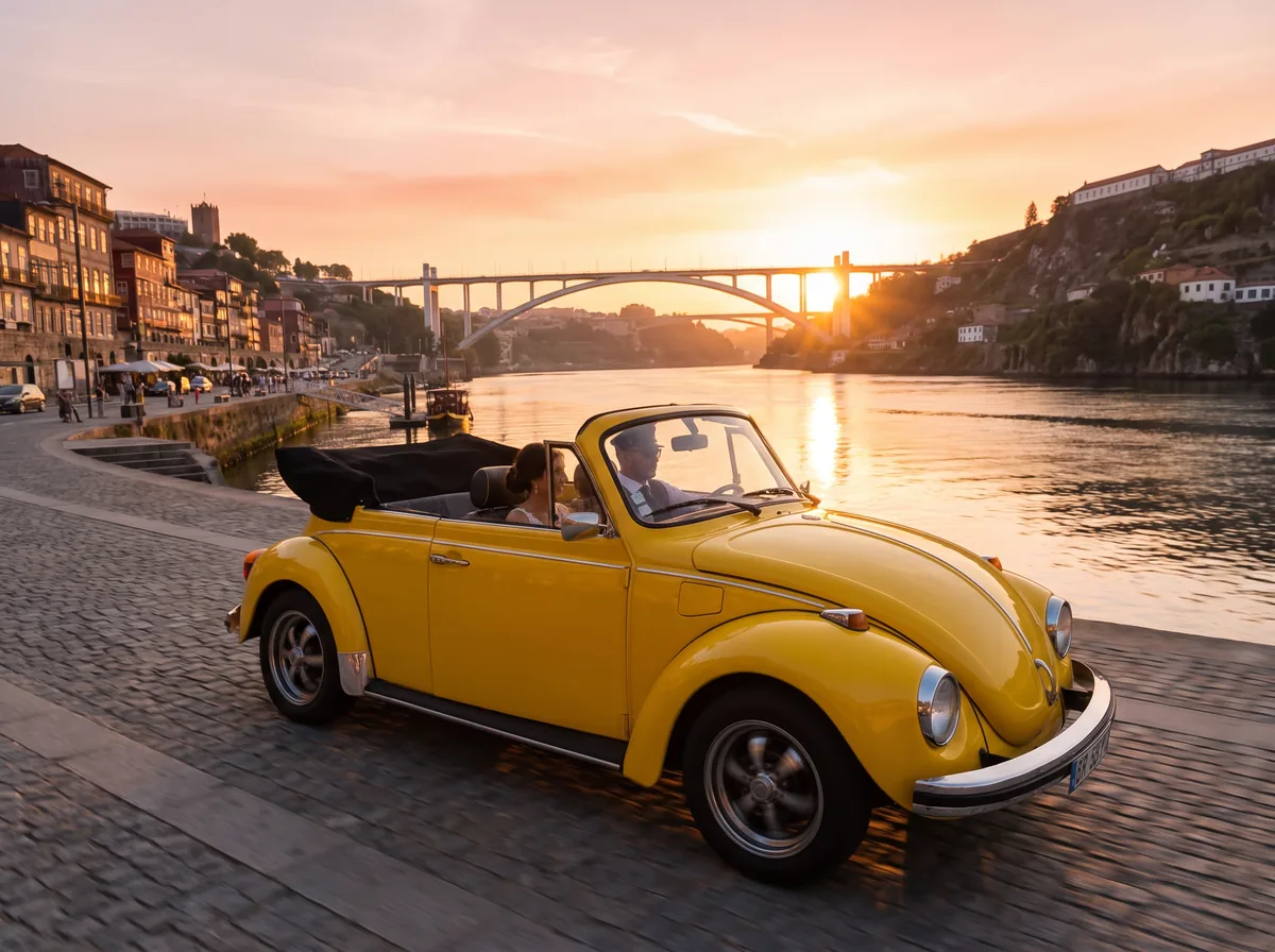 Yellow Beetle convertible driving along Porto's riverside at sunset with the sky glowing orange over the bridge