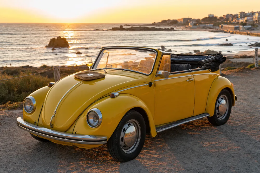 Yellow Volkswagen Beetle convertible parked along the Atlantic coast in Porto at sunset with a glass of wine resting on the hood