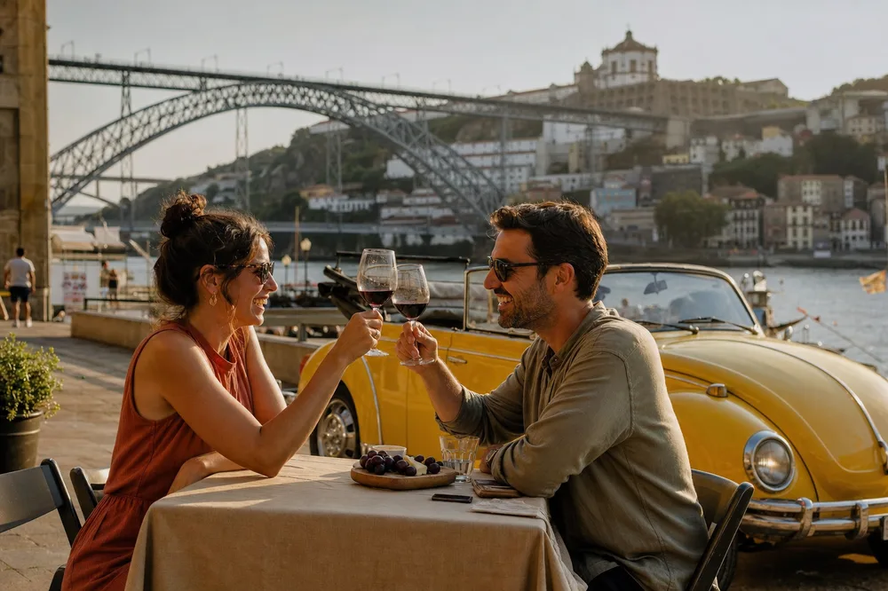 Couple toasting with glasses of Portuguese wine at a riverside table in Porto, with the yellow Beetle convertible and Dom Luís bridge in the background