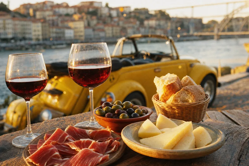 Close-up of a Portuguese petiscos spread with wine, olives, cheese and bread, with the yellow Beetle convertible in the background by the Douro riverfront