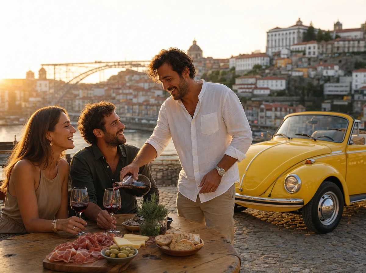 Local host pouring Portuguese wine for guests at a riverside table beside the yellow Beetle convertible overlooking the Douro and Ribeira in Porto