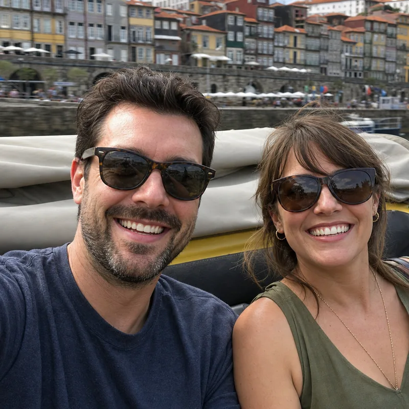 Sarah and Mike taking a selfie in the back seat of the yellow Beetle along the Ribeira