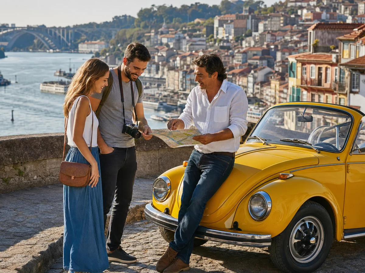 Driver showing a paper map of Porto to a couple beside the yellow Beetle convertible at a scenic viewpoint over the Douro river