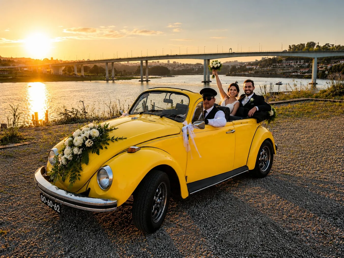 Bride and groom in the back of the yellow Beetle convertible with the Douro river and bridge at sunset